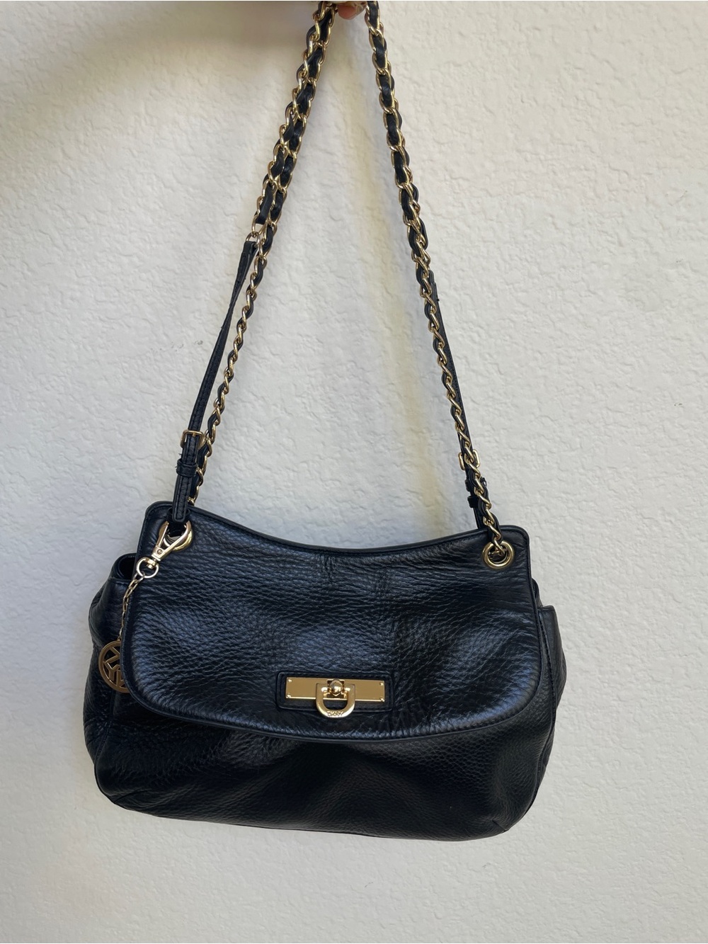 DKNY Black Leather Shoulder Bag with Gold Chain Hardware